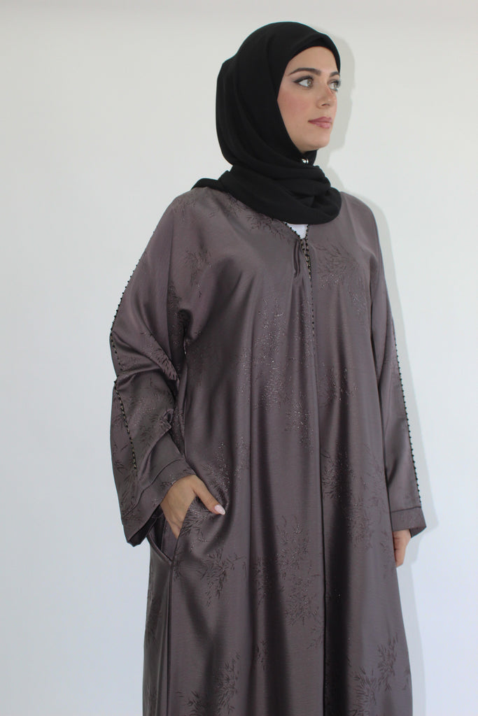 Mauve Open Abaya – Luxurious Patterned Embroidery with Pocket