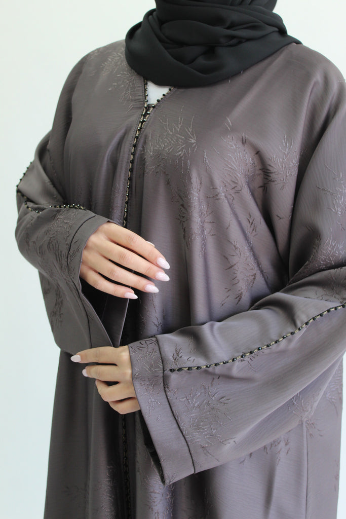 Mauve Open Abaya – Luxurious Patterned Embroidery with Pocket