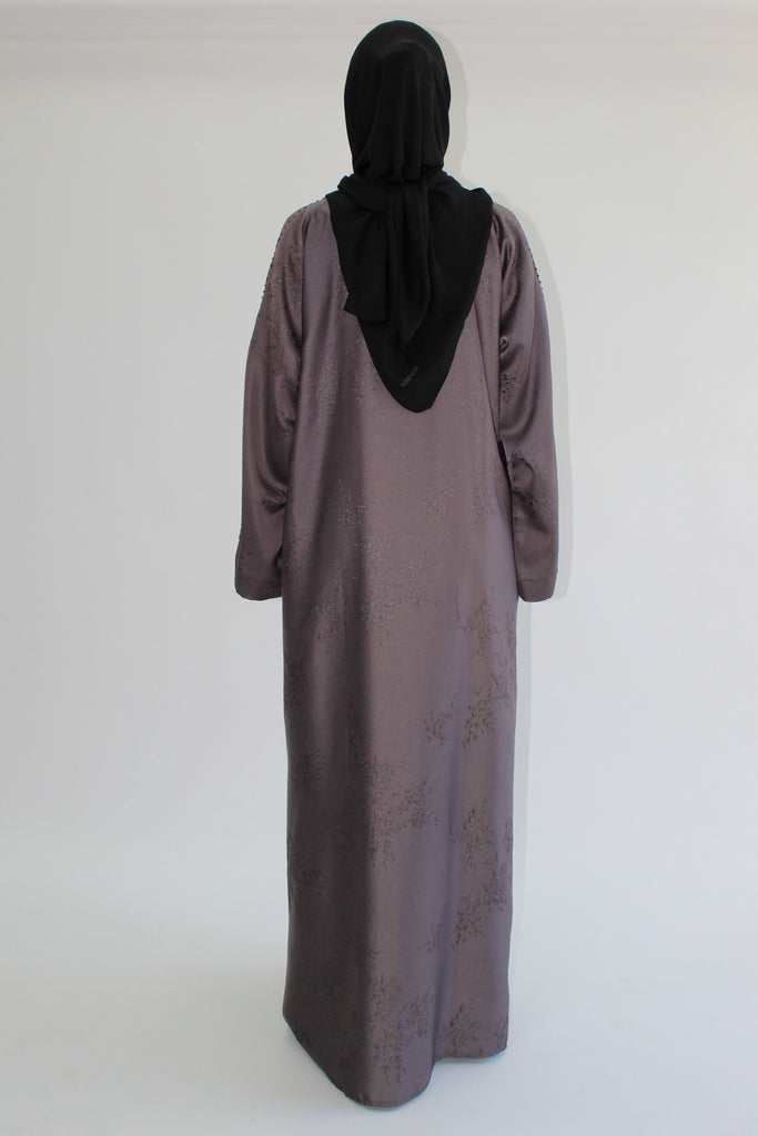 Mauve Open Abaya – Luxurious Patterned Embroidery with Pocket
