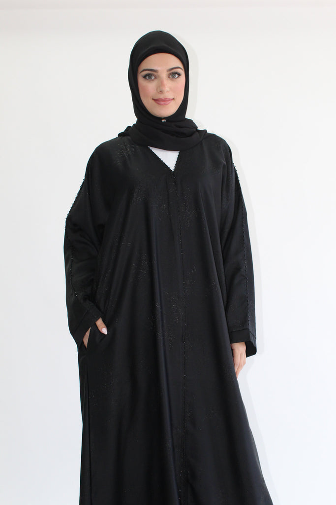 Black Open Abaya – Luxurious Patterned Embroidery with Pocket