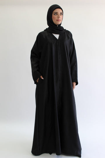 Black Luxurious Patterned Embroidered Open-Front Abaya with pocket