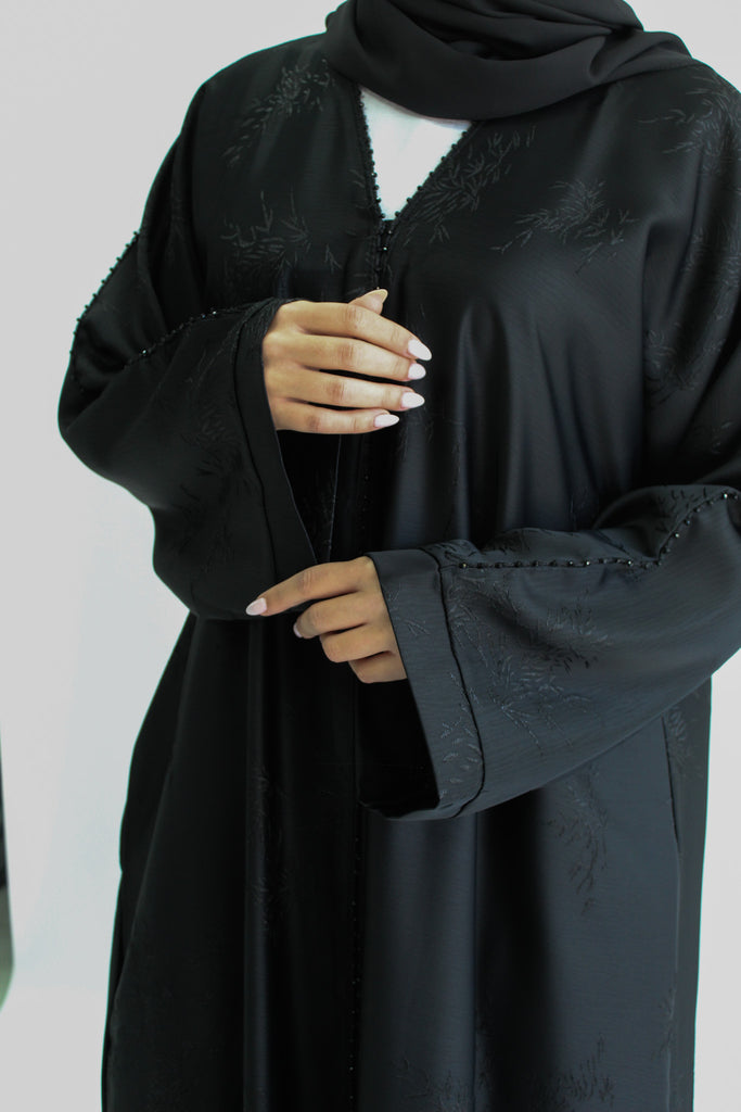 Black Open Abaya – Luxurious Patterned Embroidery with Pocket