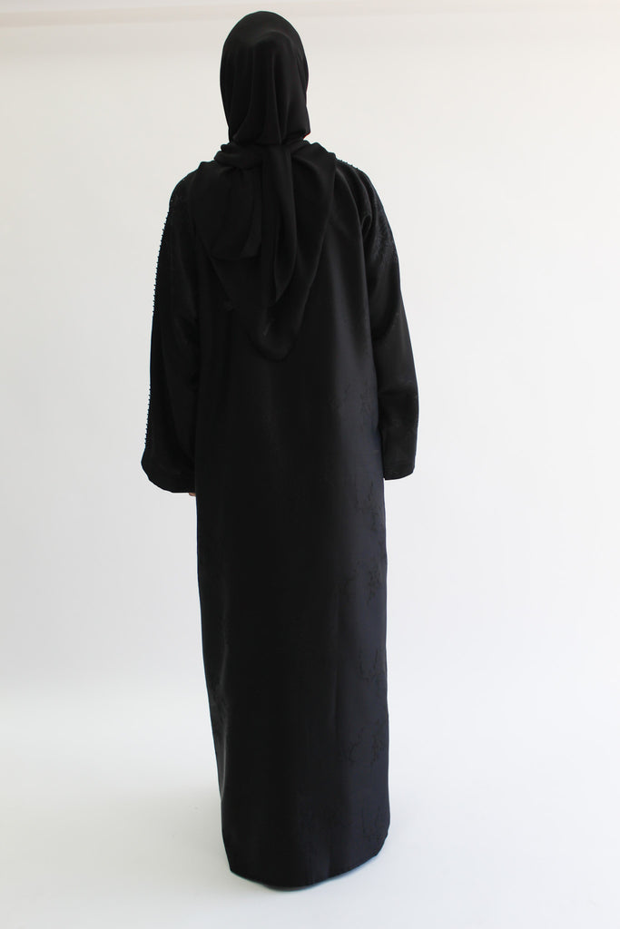 Black Open Abaya – Luxurious Patterned Embroidery with Pocket