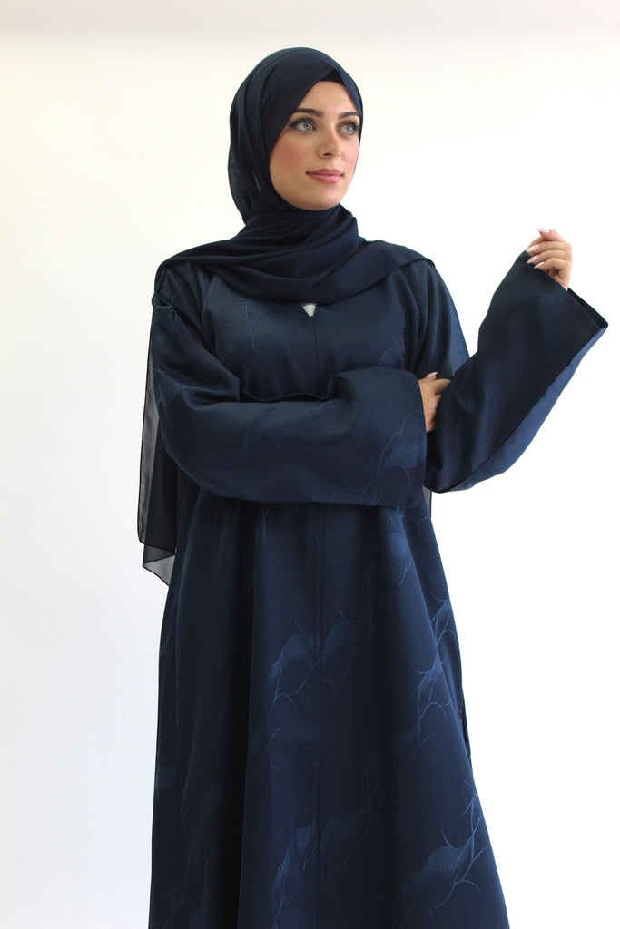 Navy Open Abaya – Patterned Design with Straight Sleeves