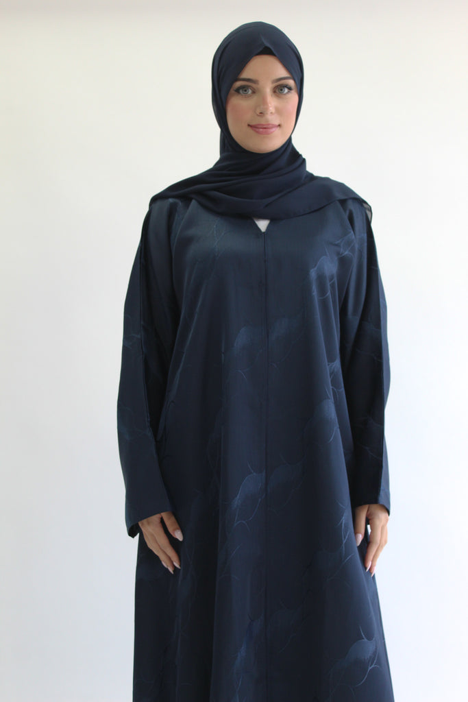 Navy Open Abaya – Patterned Design with Straight Sleeves