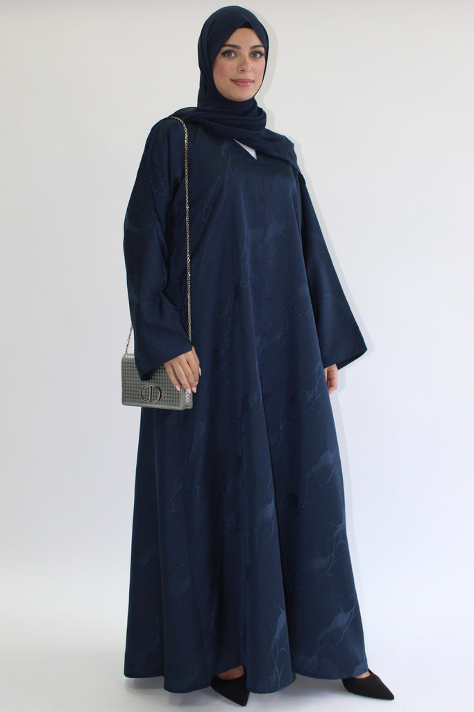 Navy Open Abaya – Patterned Design with Straight Sleeves