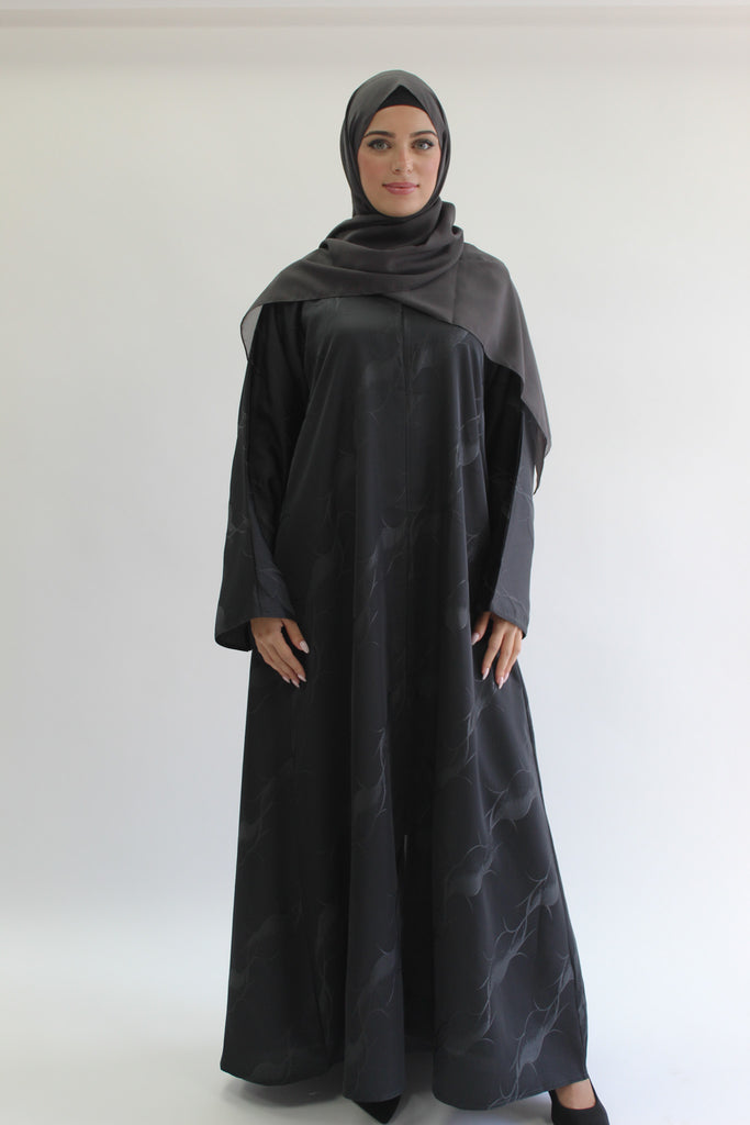 Charcoal Open Abaya – Patterned Design with Straight Sleeves