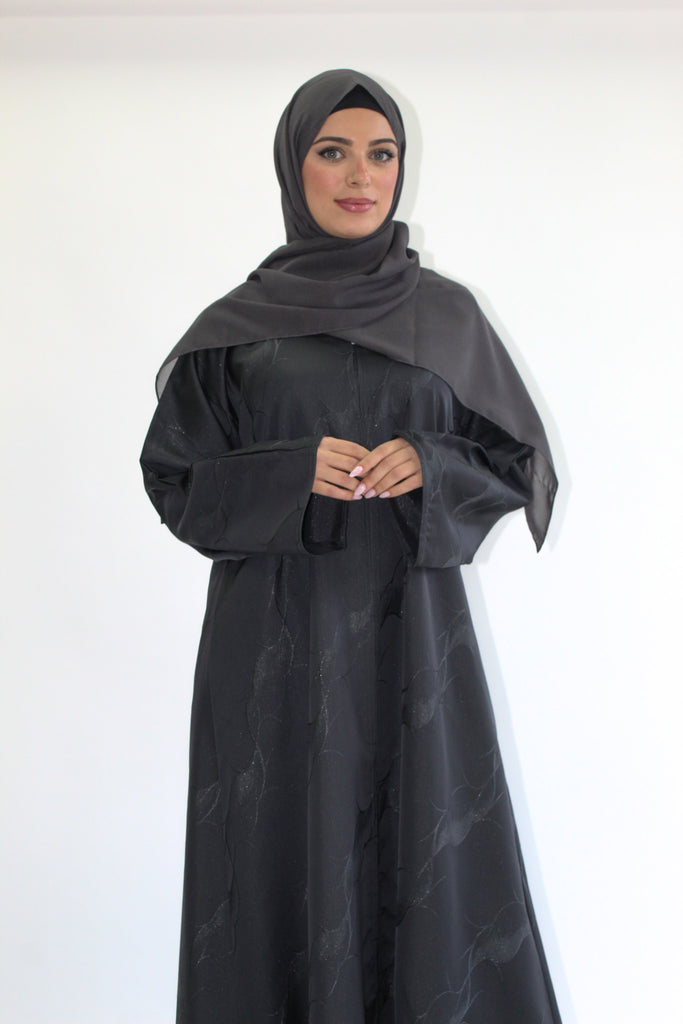 Charcoal Open Abaya – Patterned Design with Straight Sleeves