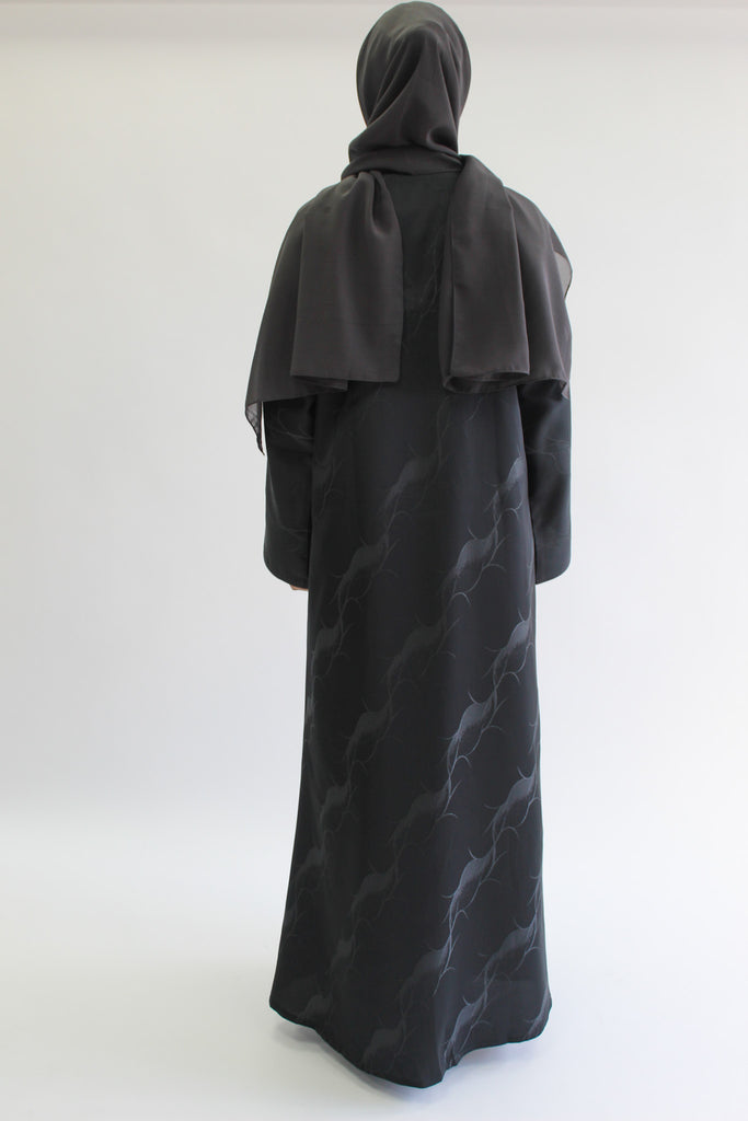 Charcoal Open Abaya – Patterned Design with Straight Sleeves
