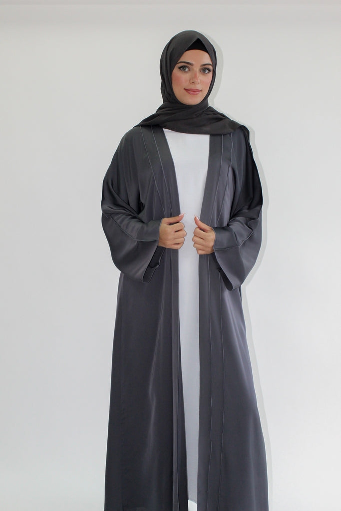 Silver Grey Ripple Satin Lined Open Abaya with Belt