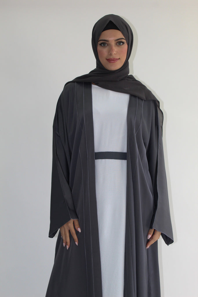 Silver Grey Ripple Satin Lined Open Abaya with Belt