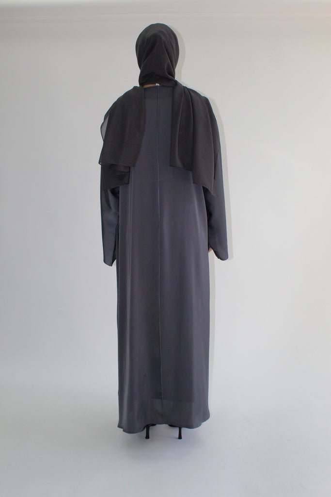 Silver Grey Ripple Satin Lined Open Abaya with Belt