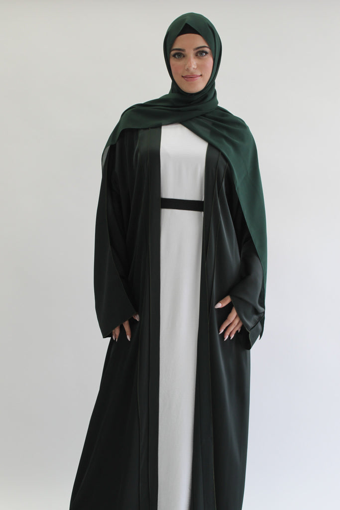 Green Open Abaya – Ripple Satin Lined Design with Belt
