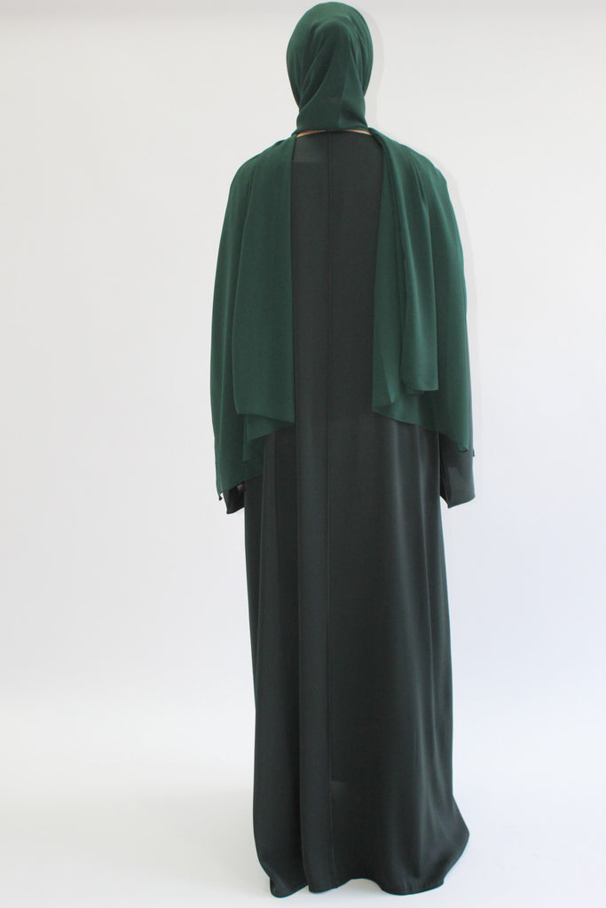 Green Open Abaya – Ripple Satin Lined Design with Belt