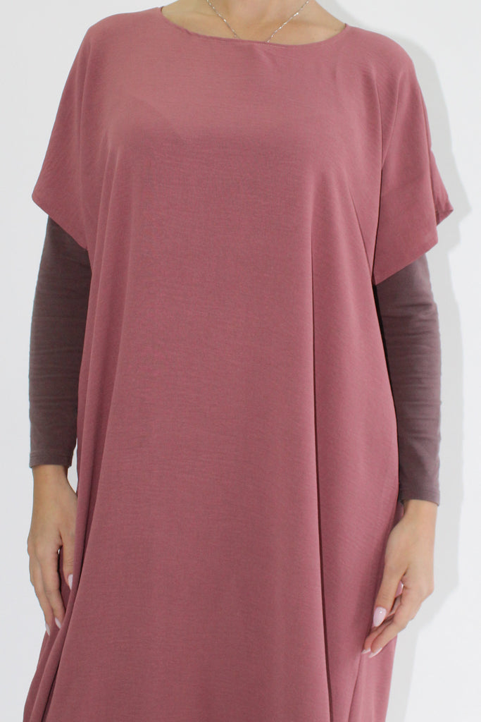 Dusty Rose Crushed Polyester Short Sleeved Dress