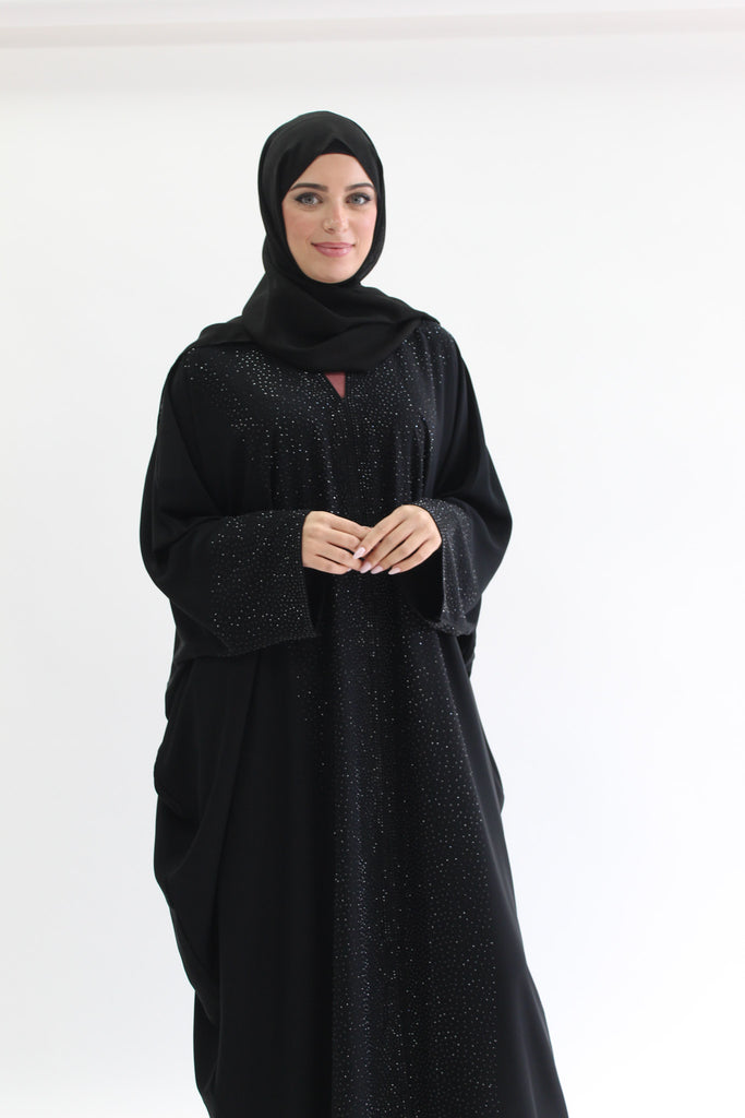 Black Open Abaya – Luxury Crystal Embellished Batwing Design