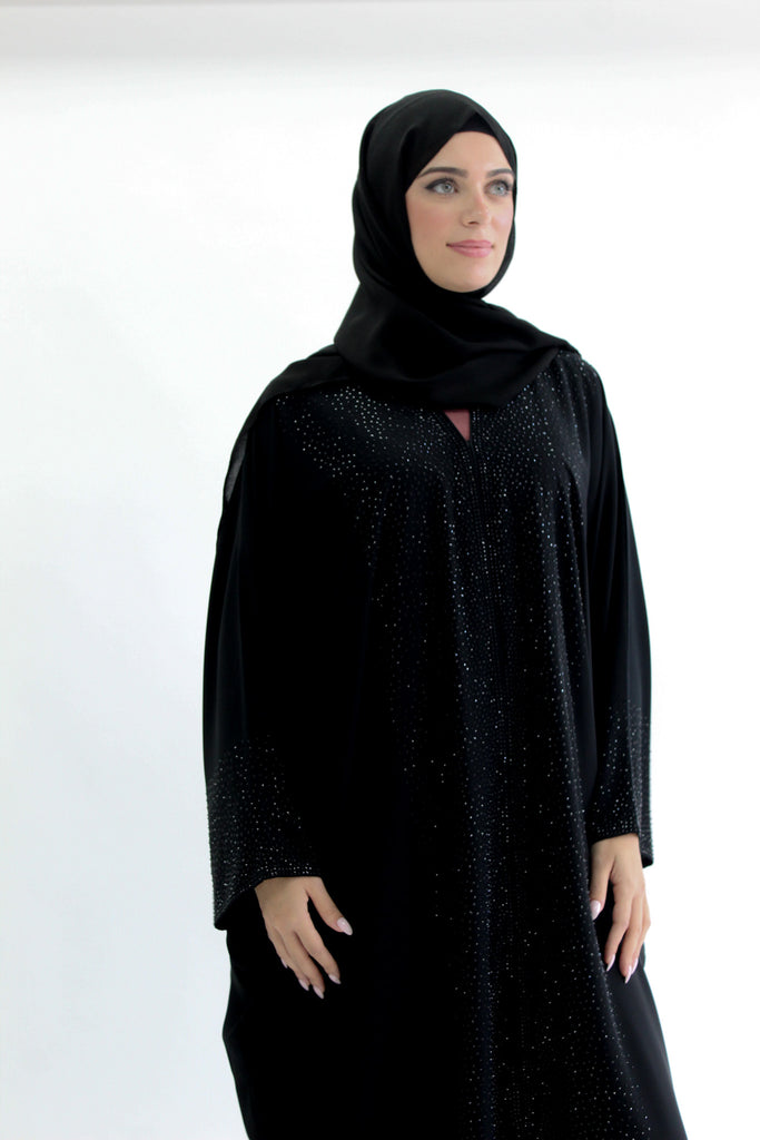 Black Open Abaya – Luxury Crystal Embellished Batwing Design