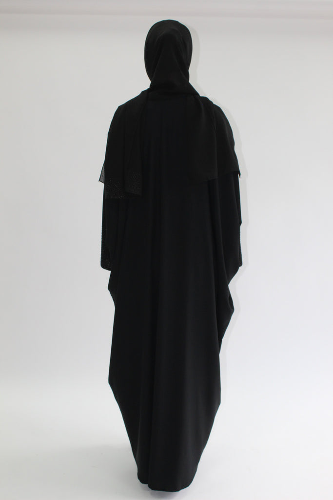 Black Open Abaya – Luxury Crystal Embellished Batwing Design