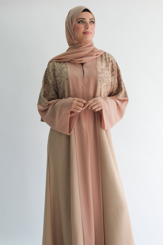 Light Peach Textured Emroidered Chiffon Border Open Abaya