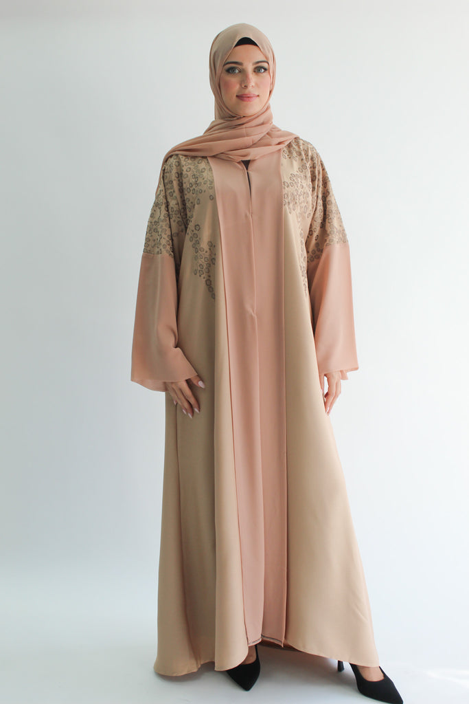 Light Peach Textured Emroidered Chiffon Border Open Abaya