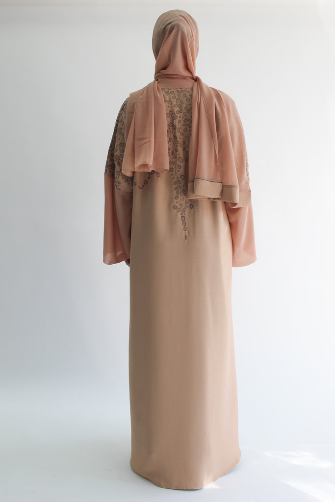 Light Peach Textured Emroidered Chiffon Border Open Abaya