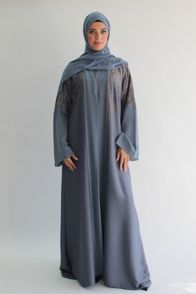 Blue Textured Emroidered Chiffon Border Open ABaya