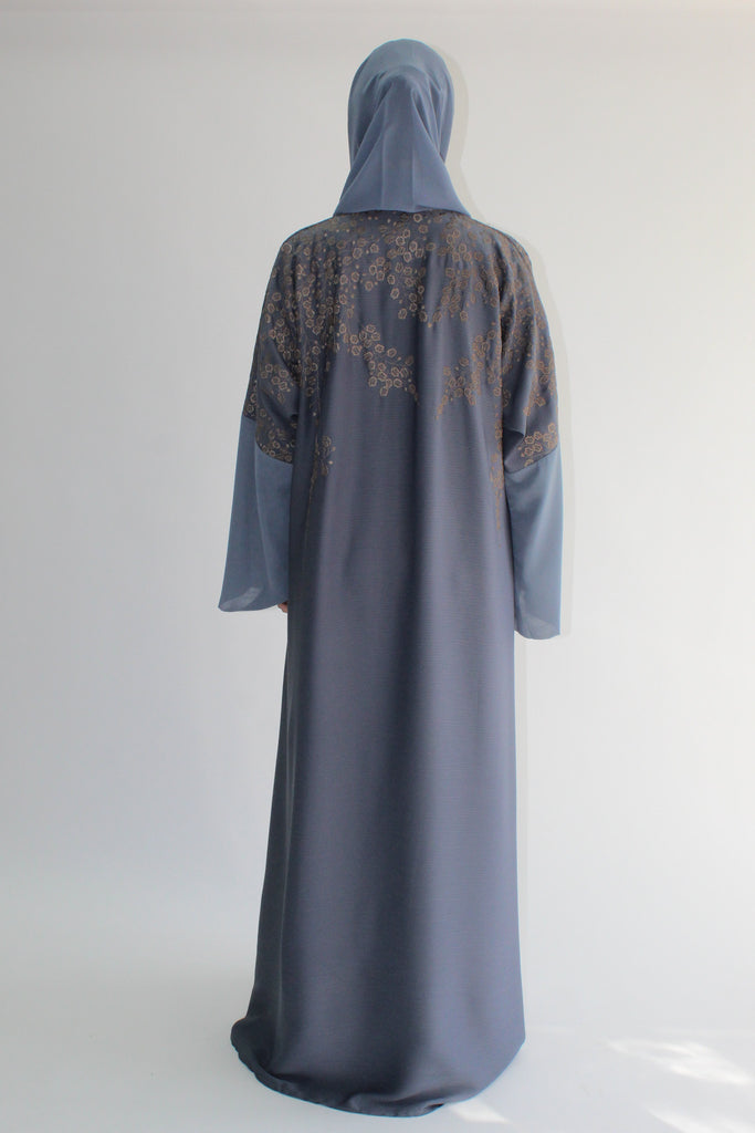 Blue Textured Emroidered Chiffon Border Open ABaya