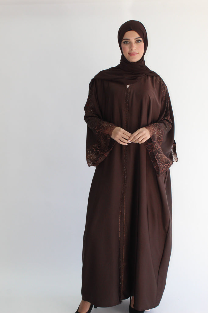 Brown Farasha Open Abaya – Ripple Satin Fabric with Lace and Stonework Detailing