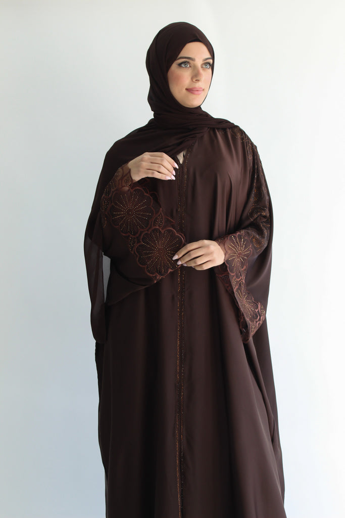 Brown Farasha Open Abaya – Ripple Satin Fabric with Lace and Stonework Detailing