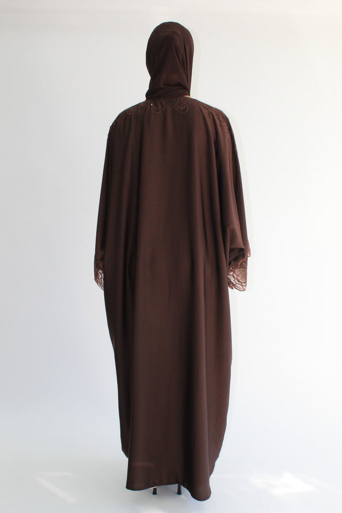 Brown Farasha Open Abaya – Ripple Satin Fabric with Lace and Stonework Detailing