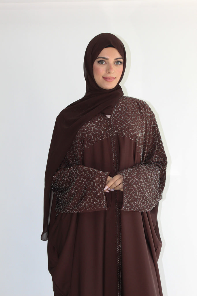 Brown Batwing Open Abaya – Luxury Front & Back Embellished Design