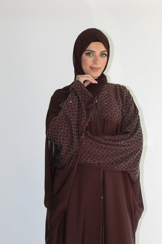 Brown Batwing Open Abaya – Luxury Front & Back Embellished Design