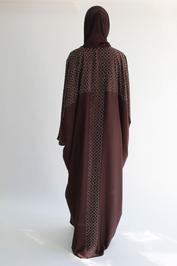 Brown Batwing Open Abaya – Luxury Front & Back Embellished Design