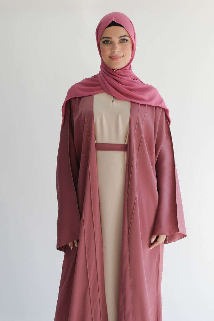 Dusty Rose Open Abaya – Ripple Satin Lined Design with Belt