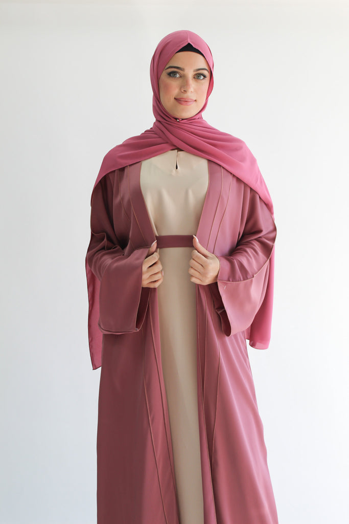 Dusty Rose Open Abaya – Ripple Satin Lined Design with Belt