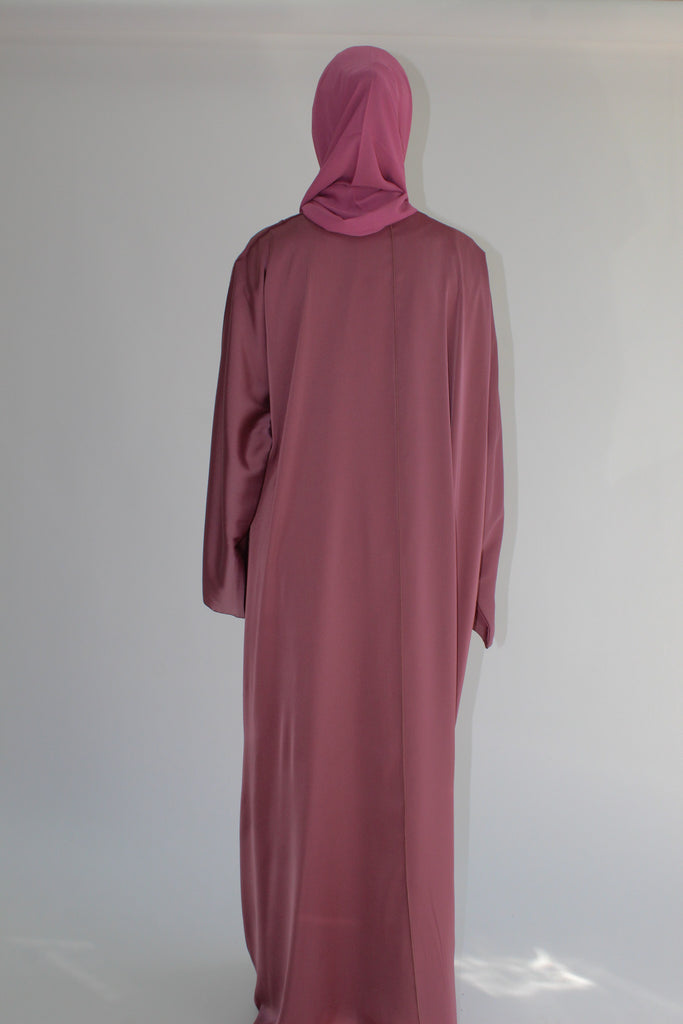 Dusty Rose Open Abaya – Ripple Satin Lined Design with Belt