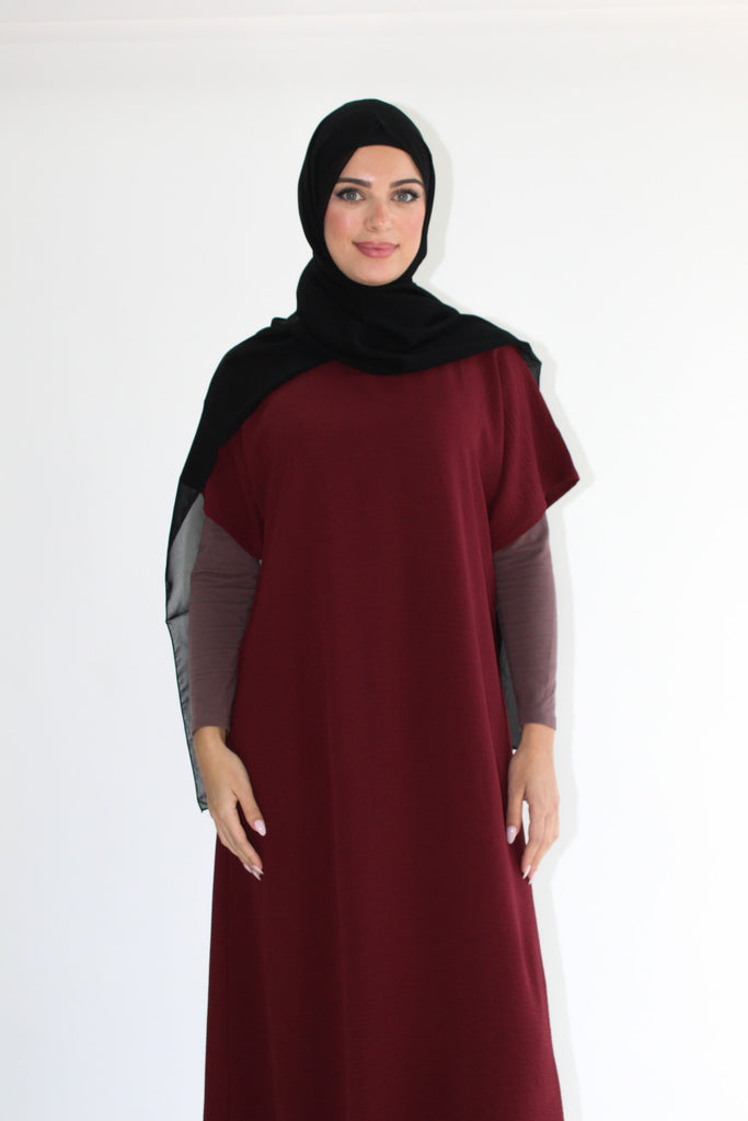 Maroon Crushed Polyester Short Sleeved Dress