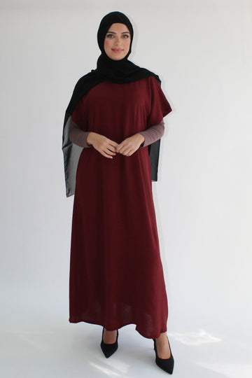 Maroon Crushed Polyester Short Sleeved Dress
