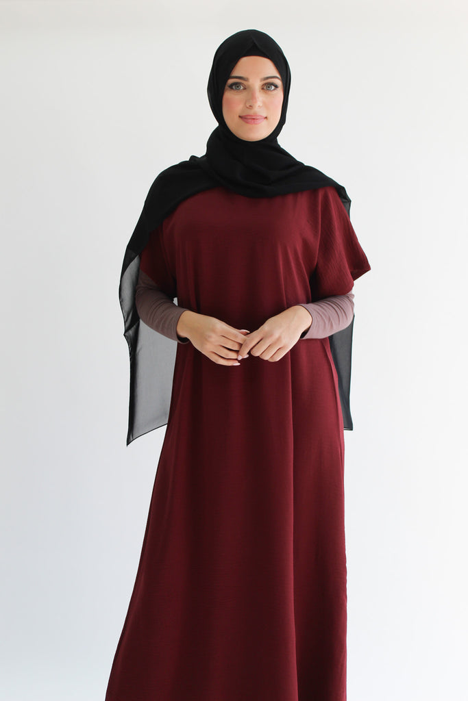 Maroon Crushed Polyester Short Sleeved Dress