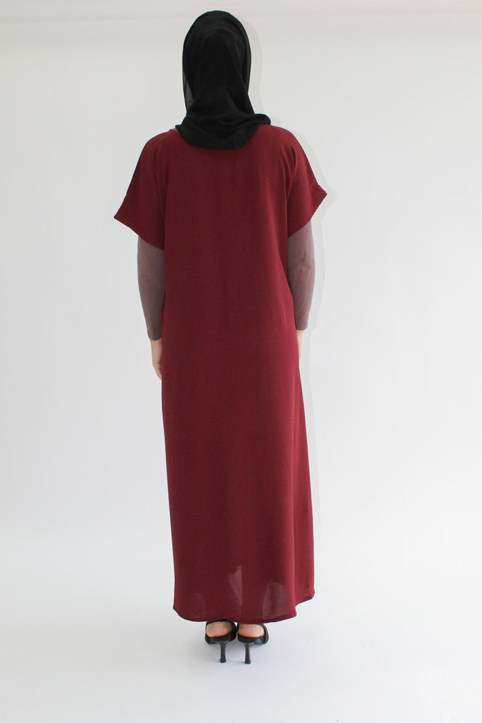 Maroon Crushed Polyester Short Sleeved Dress