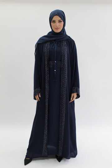 Navy Abaya set with Belt Diamante detailing