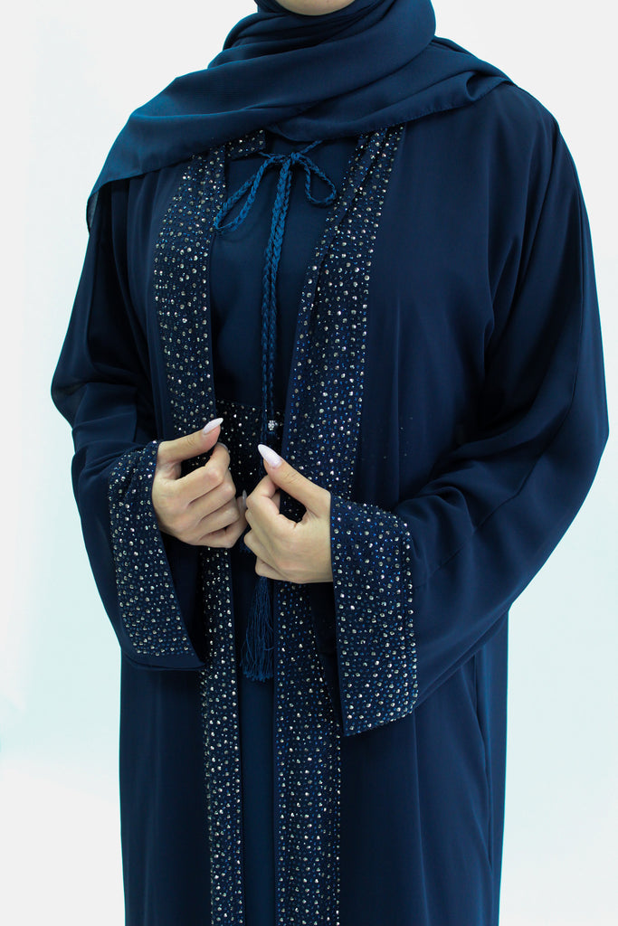 Navy Luxury Abaya Set – Navy & Silver Diamante Detailing with Belt, Slip and Chiffon Overlay
