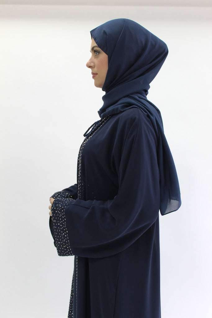 Navy Luxury Abaya Set – Navy & Silver Diamante Detailing with Belt, Slip and Chiffon Overlay