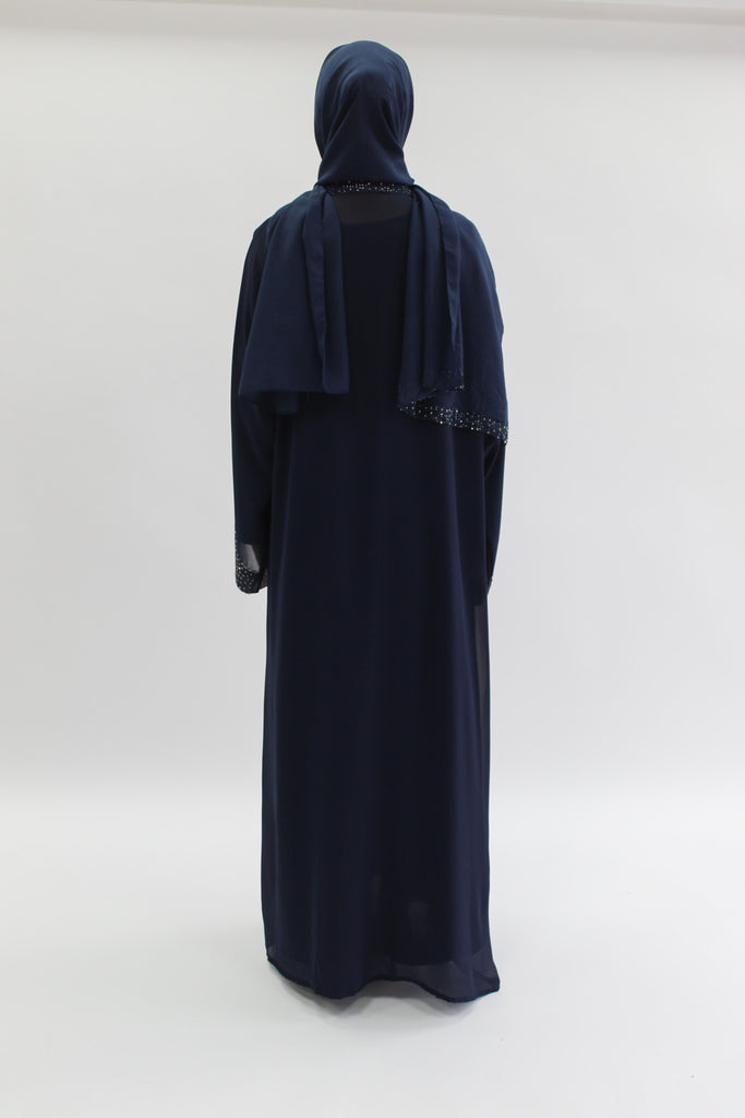 Navy Luxury Abaya Set – Navy & Silver Diamante Detailing with Belt, Slip and Chiffon Overlay