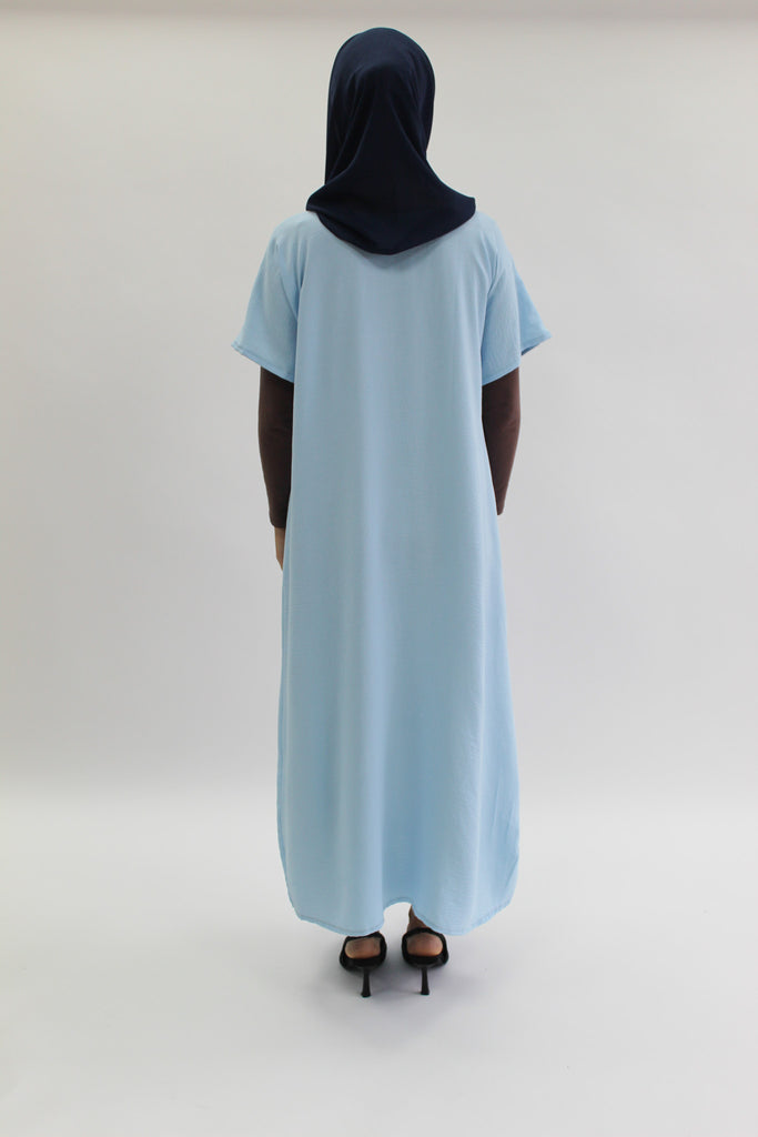 Light Blue Crushed Polyester Short Sleeved Dress