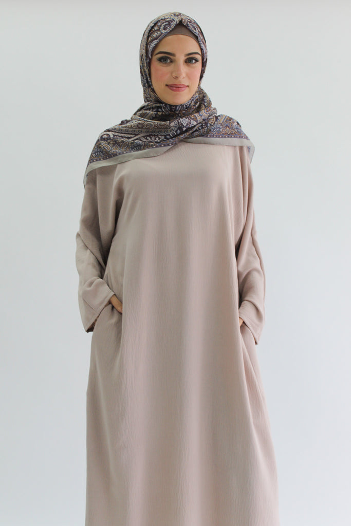 Nude Closed Abaya - Crushed Polyester Fabric with Pocket