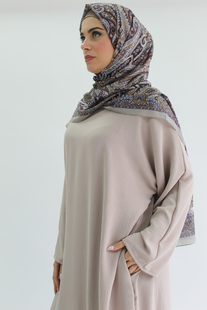 Nude Closed Abaya - Crushed Polyester Fabric with Pocket