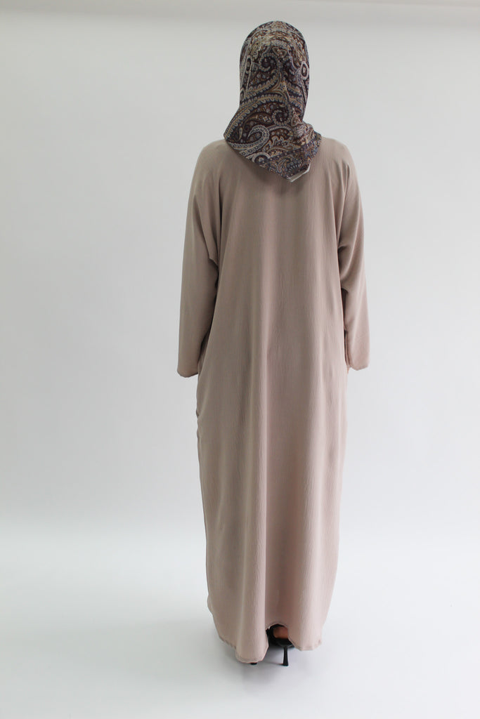 Nude Closed Abaya - Crushed Polyester Fabric with Pocket