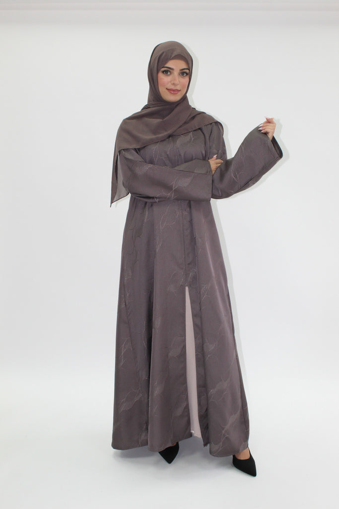 Dark Mink Open Abaya – Patterned Design with Straight Sleeves
