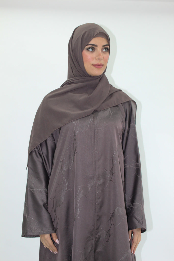 Dark Mink Open Abaya – Patterned Design with Straight Sleeves